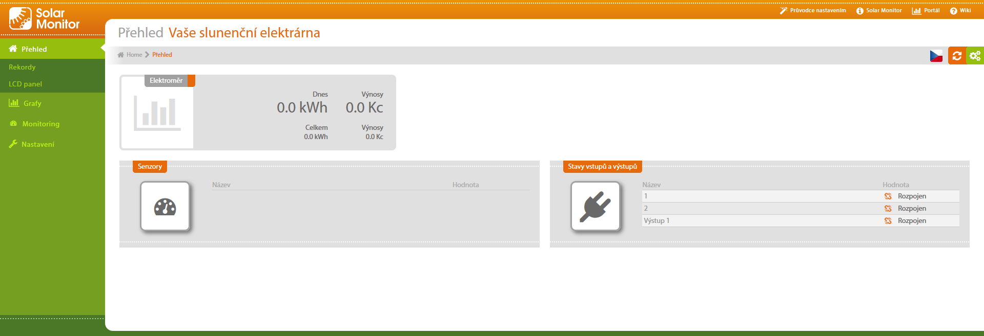 První pohled na jednotku Solar Monitor v internetovém prohlížeči